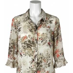Gloria Lance Blouse 3X Beige Tan Floral All Over Print Button Up Boho Cottage